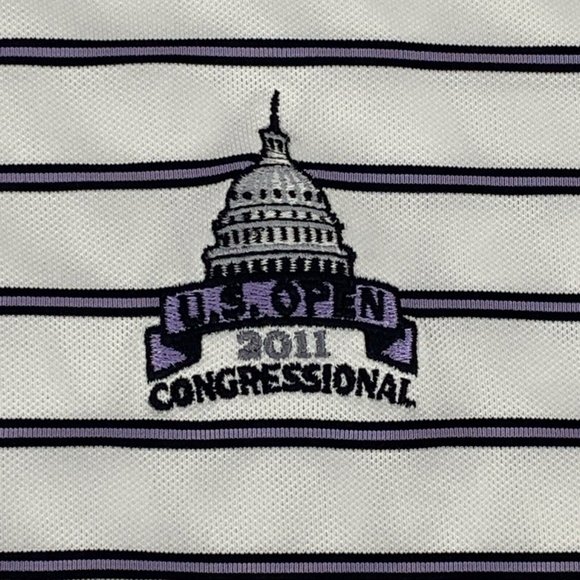 Mens RLX Ralph Lauren Golf Short Sleeve Polo Shirt White Stripes XL 2011 US Open - Picture 2 of 5